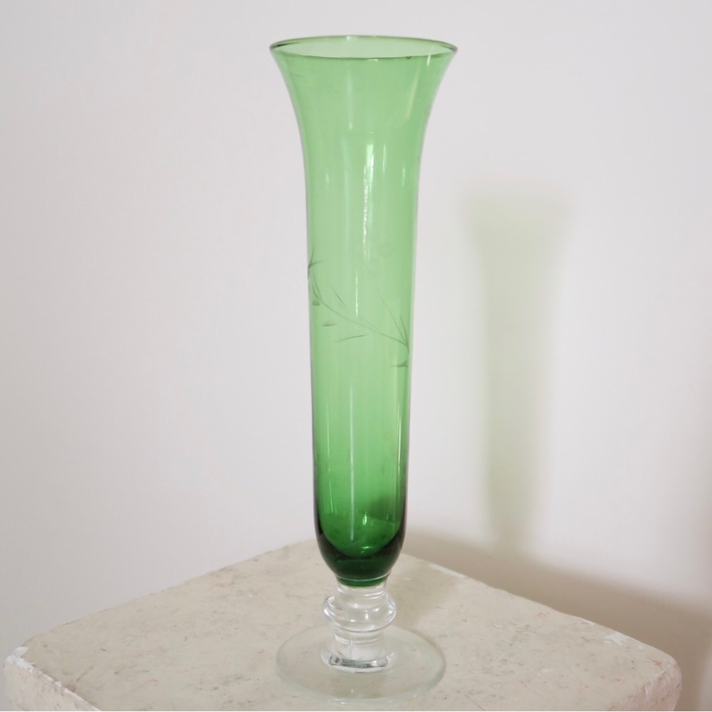 Vintage Green Etched Glass Fluted Bud Vase Featuring Vine and Orb Circles
